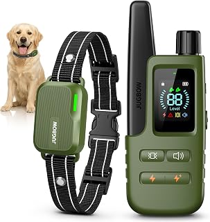 Dog Shock Collar 4500FT Dog Training Collar with Remote for 10 120lbs Dog — JUGBOW green military style transmitter and receiver collar set with LED display