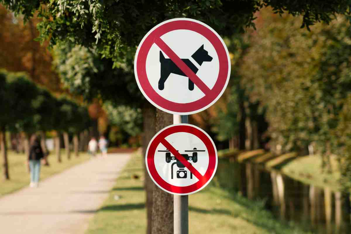 Invisible Fence HOA Rules — no dogs and no drones sign posted in a community park